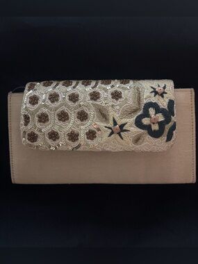 NWT Aarong Embroidered/Beaded Gold Satin Evening Clutch